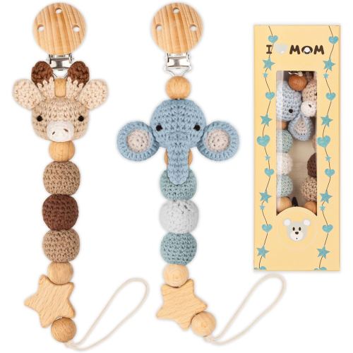 Pacifier Clip, 2 Pack Pacifier Holder for Boys and Girls, Cute Deer Handmade Knitted Christmas Pacifier Clip Fits for Most Pacifier, Baby Teethers, Baby Shower and Baby Gift(Elephant&Deer)