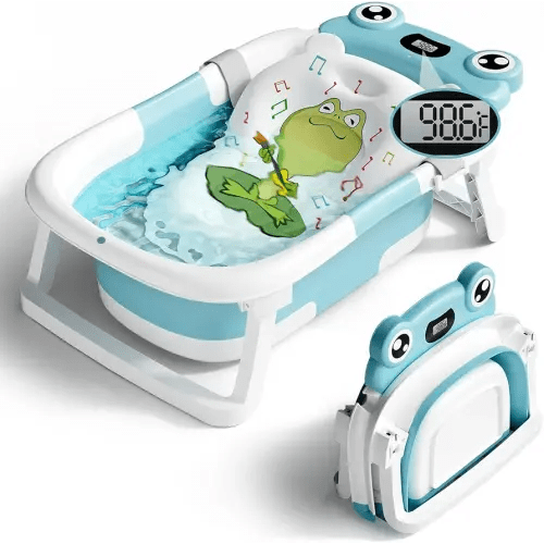 BUNWAG Baby Bathtub, Collapsible Newborn Bathtub for Infant to Toddler with Soft Cushion and Thermometer,Portable Travel Newborn Tub with No-Slip Feet, Baby Shower Gifts, 0-12 Months Baby Bath, Blue