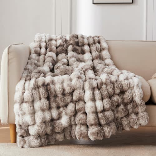 COOVA Faux Fur Throw Blanket for Couch, Cozy Soft and Fuzzy Plush Rabbit Fur Bubble Blanket for Sofa Bedroom Living Room, 60x80 Inches Tie Dye Brown