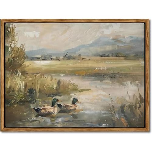 Floating Framed Canvas Wall Art, Vintage Mallard Duck Oil Paintings Print, Countryside Art Wildlife Nature Pond Wall Decor for Living Room, Bedroom, Office, Rustic Decor 12x16 inch