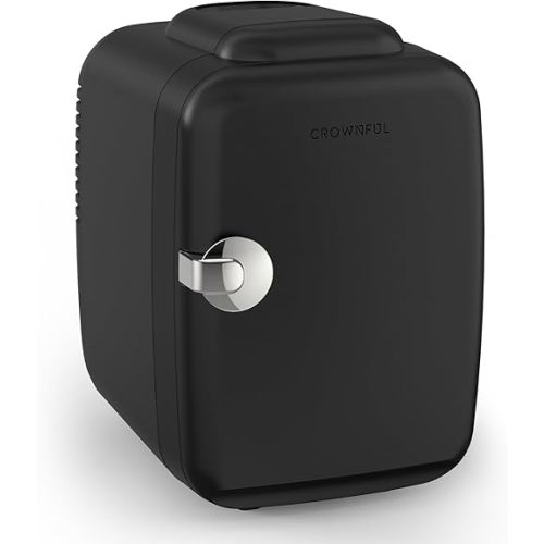 CROWNFUL Mini Fridge, 4 Liter/6 Can Portable Cooler and Warmer Personal Fridge for Skin Care, Cosmetics, Food,Great for Bedroom, Office, Car, Dorm, ETL Listed (Black)