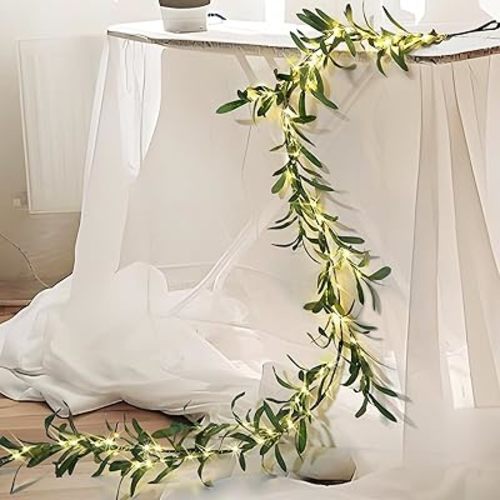 6.56FT Lighted Olive Garland with Lights 96 LED 8 Modes Battery Operated with Timer Artificial Greenery Vine Garland with Lights for Mantel Fireplace Table Wall Patio Wedding Holiday Spring Decoration
