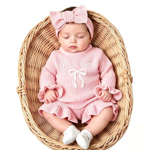 Ylsteed Newborn Embroidery Knitted Ruffle Trim Romper with Bow Headband Soft Sweater Photography Outfit Daily Casual Wear for 0-3 Months Baby Girl Casual Wear