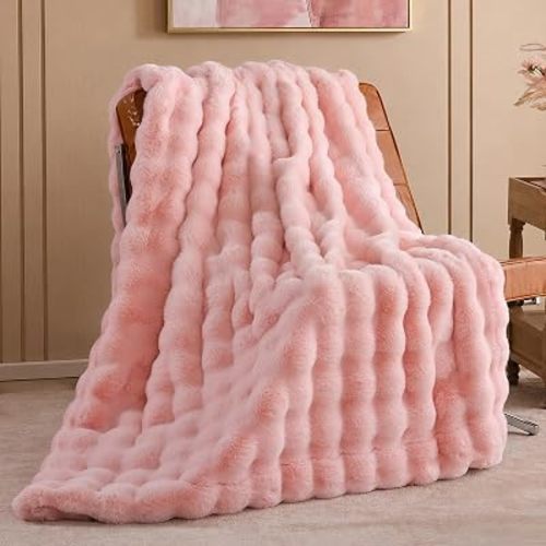 Faux Rabbit Fur Throw for Couch - Blush Pink Bubble Blanket 50"x60"