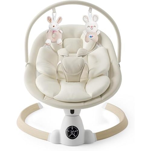 Baby Swing for Infants, Portable Electric Baby Swings with Bluetooth, 5 Swing Speed, 10 Melodies, 5-Point Harness, Remote Control & Touch Panel - Infant Swing for Indoor & Outdoor Use, Beige