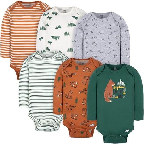 Gerber Baby Boys 6-Pack Long-Sleeve Onesies Bodysuit, Fox, 0-3 Months