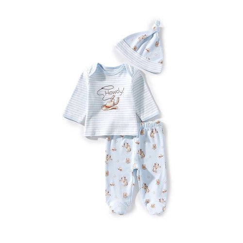 Little Me Baby Boys Lap-Shoulder Howdy Top & Western Matching Footed Pants & Hat Set
