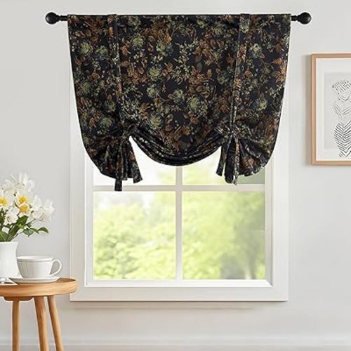 StangH Black Floral Curtains for Kitchen Window, Vintage Decorative Velvet Tie Up Drape Rod Pocket Adjustable Light Blocking Tier Curtain for Living Room, W34 x L45, 1 Panel