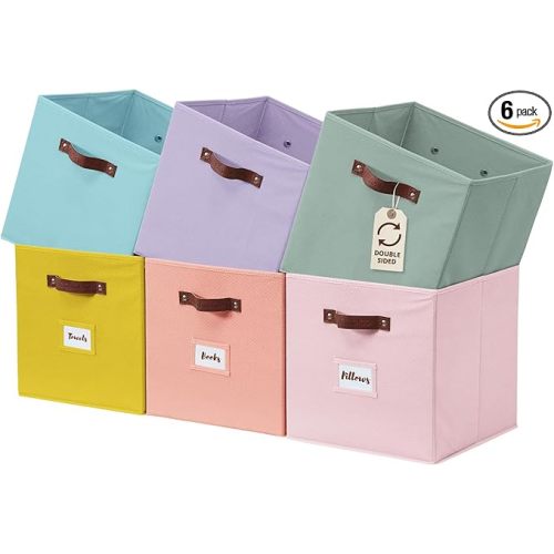 DECOMOMO Storage Bins, Cube Storage Bin with Labels, Fabric Storage Cubes for Shelves (10.5" x 11" / 6pcs, Rainbow)