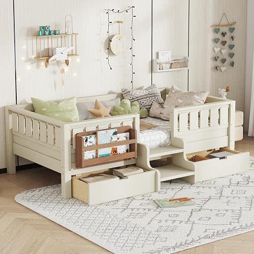Bellemave Twin Kids Montessori Bed with Stairs, Bookshelf and Drawers, Solid Wood Kids Bed Frame with Storage for Boys Girls, Low Profile,Beige