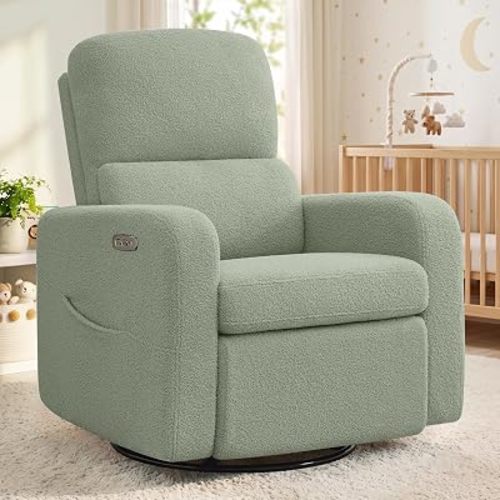Power Swivel Rocker Recliner, Oversized Electric Boucle Recliner Chair, Teddy Swivel Glider Nursery Reclienr with Removable Cushion, Upholstered Recling Chair for Living Room Bedroom, Green