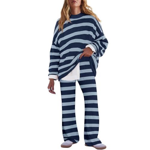 LAMISSCHE Oversized Womens Lounge Set Striped Sweater Set Long Sleeve 2 Piece Pajama Set Top and Pants with Pockets