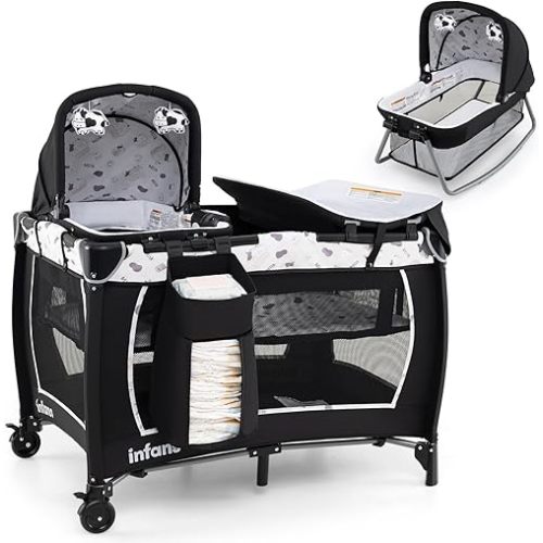 INFANS 4 in 1 Pack and Play, Portable Nursery Center for Baby Kid Infant, Travel Playard with Bassinet, Mattress, Diaper Changer, Bag, Toys, Music Box, Storage Basket (Cow)