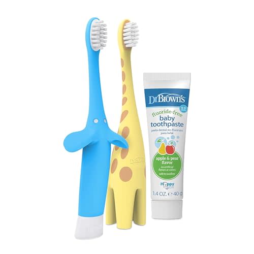 Dr. Brown's Infant to Toddler Giraffe and Blue Elephant Toothbrushes with Baby Toothpaste, Strawberry 1.4oz