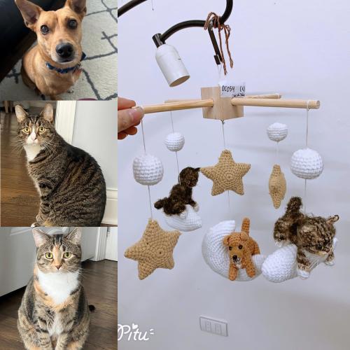 Personalized Dog Cat On Moon Baby Mobile,  Crochet Baby Mobile, Personalized Baby Nursery, Dog Mobile Nursery, Nursery Baby Mobile