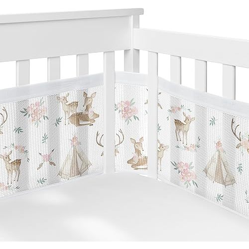 Sweet Jojo Designs + BreathableBaby Woodland Deer Floral Girl Breathable Mesh Crib Liner Baby and Infant Blush Pink Mint Green and White Boho Bohemian Watercolor Forest Animal Shabby Chic