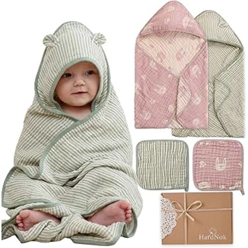 4-Piece Muslin Baby Towel Set - Made with Organic Cotton, (2) 6-Layer Bath Towels 32x32 & (2) Washcloths, Absorbent Bath & Beach (Blush Pink Bunny & Sage Green Stripe)