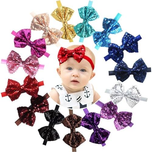 CÉLLOT 15pcs Baby Girl Headbands Sparkly Glitter Sequins 4" Big Hair Bows Ribbon Soft Stretchy Hair Bands for Infant Newborn and Toddlers