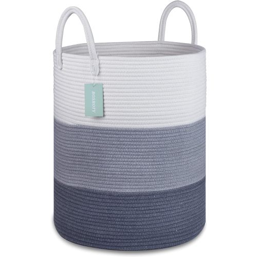 Large Cotton Rope Laundry Hamper for Clothes 65L, White & Gray | 16”x 20”, Tall Woven Storage Basket for Nursery, Bedroom & Living Room; Stores Clothes, Blankets, Pillows, Toys & Towels