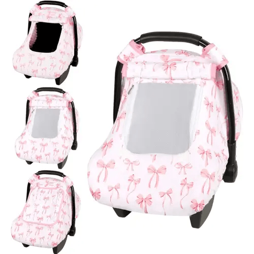 Baby Car Seat Cover, Windproof Carseat Cover for Infant Girls, Infant Warm Carseat Canopy with Double Layer Fabric for Winter, Compatible with Most Baby Car Seat, Bow