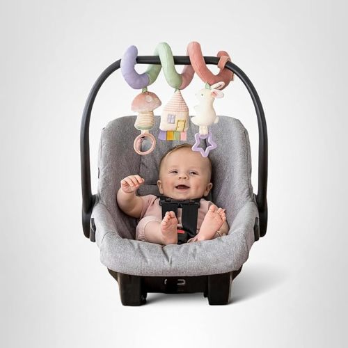 Itzy Ritzy Spiral Car Seat & Stroller Activity Toy - Stroller & Car Seat Toys for Ages 0 Months and Up - Hanging Toys Include Dangling Ring, Mirror and Textured Ribbons (Pastel Rainbow)