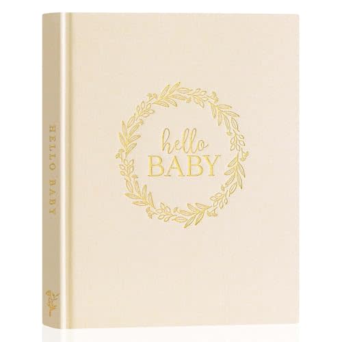 Lanpn Hello Baby Memory Book for Boy Girl - Linen Cover Baby Book Memories Keepsake for New Parents - Newborn Baby First 5 Year Journal Scrapbook Photo Album Baby Milestone Book (Beige, 154 Pages)