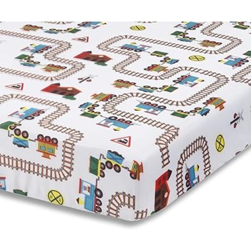 Baby Boy Fitted Crib Sheet Choo Choo Train, 100% Soft Breathable Microfiber Baby Sheet, Fits Standard Size Crib Mattress 28in x 52in, Nursery Sheet