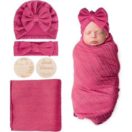 Newborn Receiving Blanket with Bow Hat Headband Wooden Card Set Wheat-Pattern Newborns Toddler Baby Boy Girl Nursery Swaddle Wrap