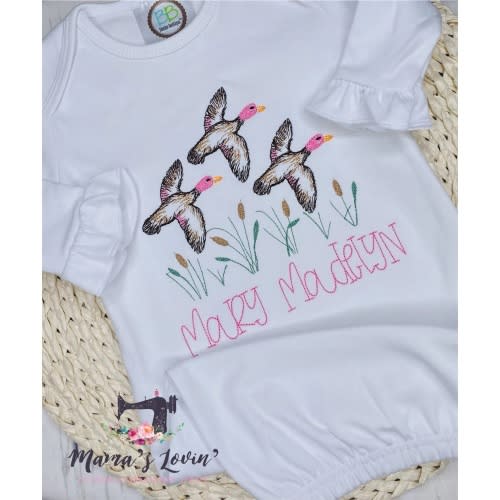 Embroidered Girls personalized flying Mallard duck/ duck hunting Ruffle tee/ Ruffle baby girl Gown