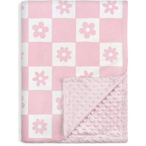 Daisy Minky Baby Blanket 30 x 40 Inches for Girls, Soft Plush Receiving Blanket with Dotted Back, Gift for Toddler Newborn Infant Christmas Birthday Baby Shower