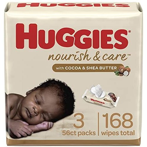 Baby Wipes, Scented, Huggies Nourish & Care Baby Diaper Wipes, 3 Flip-Top Packs (168 Wipes Total) Package may vary