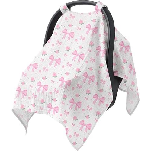 Baby Car Seat Cover - 100% Muslin Cotton Universal Breathable Canopies for Boys and Girls Soft Spring Summer Car Seat Cover Lightweight Infant Car Seat Canopy - Pink Bows