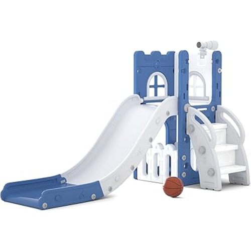 LulliSpace 6 in 1 Toddler Slide for Toddler&Kids,Kids Climber Slider for Indoor Outdoor Playground with Storage,Telescope,Basketball Hoop and L Shaped Slide for Toddler Climber Playset,Blue