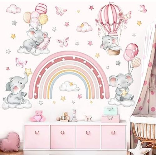 decalmile Pink Rainbow Elephant Wall Stickers Hot Air Balloon Animals Clouds Stars Wall Decals Baby Nursery Kids Bedroom Daycare Wall Decor