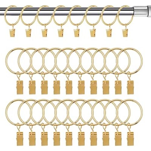 1.5 inch Curtain Rings, 20 Pcs Curtain Hook Clips, Metal Curtain Rings with Clips for Holding Curtains Rod Set and Drapes, Gold