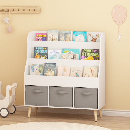 Kids Bookshelf with 3 Storage,White Wooden Bookcase for Playroom,Bedroom