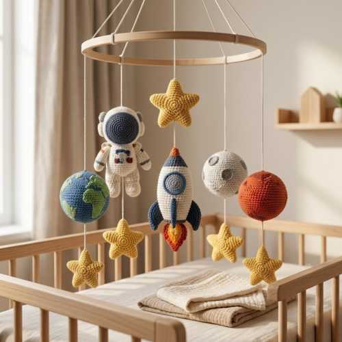 Space Baby Mobile | Astronaut Rocket Nursery Mobile | Crochet Solar System Crib Mobile | Neutral Baby Decor | Baby Shower Gift | L75M