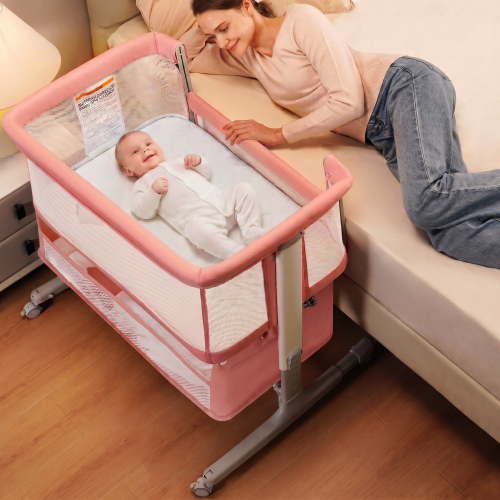 Moveasy Baby Bassinet with Large Storage Basket, Pink