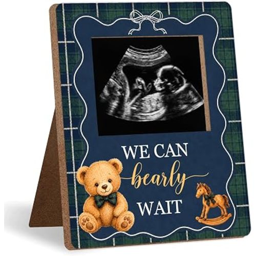 Bear Baby Shower Decor Frame, Vintage Tartan Preppy Bear Baby Shower Party Supplies, for Expecting Parents-to-Be Keepsake Gifts, Pregnancy Sonogram Frame Keepsake, Gender Reveal Present