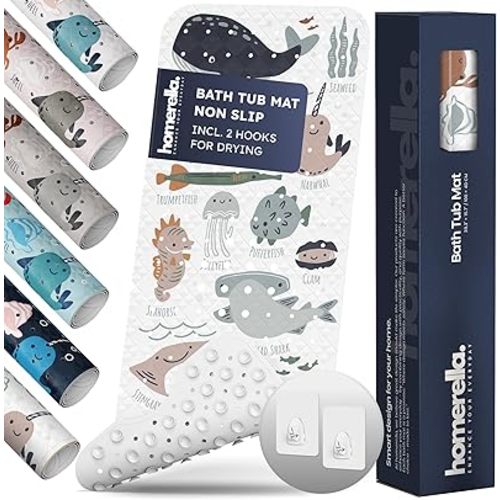 Homerella Baby Bath Tub Mat | Anti Mold Mildew Resistant Non Slip Kids and Adult Bath Tub Shower Mats | 40x16 inch Long with Suction Cups for Secure Grip Hooks for Storage & Drying | Machine Washable