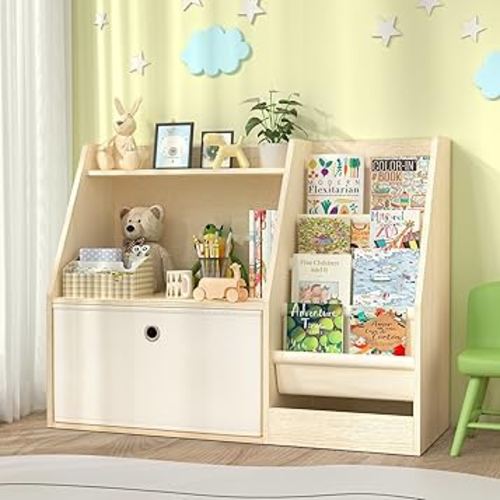TOETOL Kids Bookshelf & Book Storage，4 Sling Wooden Toddler Book Shelf，2-Tier Wooden Open Bookcase & Storage Organizer Boxes for Nursery, Playroom, Bedroom