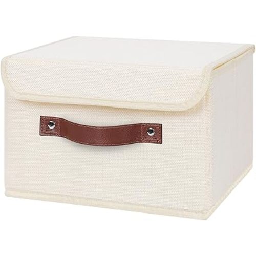ANMINY Storage Bin with Lid Storage Boxes with PU Leather Handles PP Plastic Board Decorative Foldable Lidded Cotton Linen Fabric Home Cubes Baskets Closet Organizer Container - Beige, Small Size