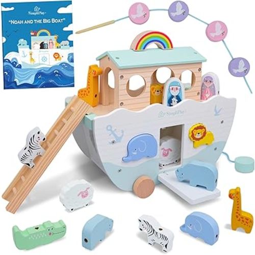 SIMPLIPLAY Wooden Noah's Ark Toy - Toddler Montessori STEM Learning Noahs Ark Toy with Story Book & Wooden Animal Shape Sorter, Christian Toy for Boys Girls Christmas Baptism Gifts