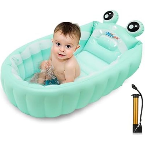 Inflatable Baby Bathtub,Newborn to Toddler Bath Tub with Built-in Air Pump,Portable Travel Shower Basin with Back Support,Foldable Toddler Tub Shower for Kids 0-6 Months(Frog)