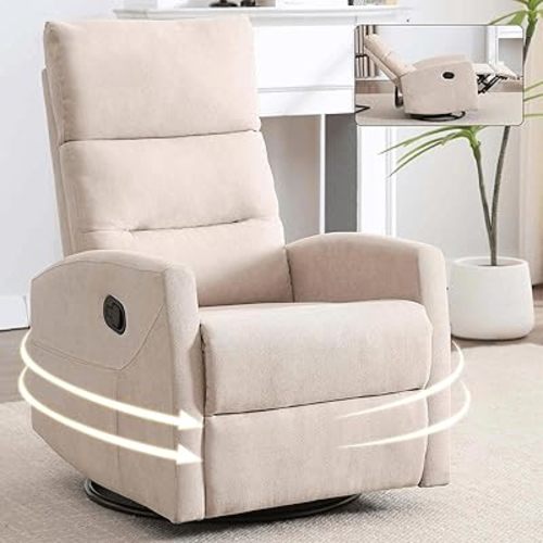360° Swivel Rocker Recliner Chair for Adults, Fabric Swivel Nursery Glider Recliner Chair with Side Pockets, Manual Lazy Boy Recliner for Living Room Small Spaces (Beige+Fabric)