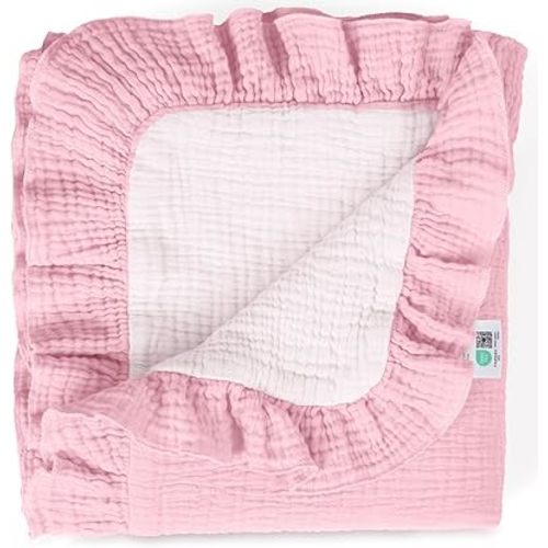 lulumoon Muslin Baby Blanket for Girls: Soft Breathable Cotton Crib Blanket with Ruffle - Lightweight Receiving for Wrap Newborn & Nursery Stroller 40"x36"(Light Pink)