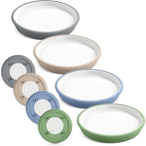 Domensi 4 Sets 8" Kids White Porcelain Plates with Silicone Sleeves Ceramic Divided Plates for Toddlers Eating Babys Feeding Microwave Dishwasher Safe Supplies (Blue, Green, Silver Gray, Beige)