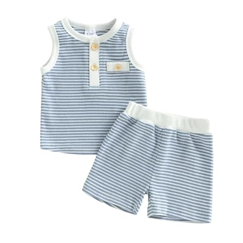 Kupretty Toddler Baby Boy Stripe Waffle Sleeveless Shirt Shorts Set | Toddler Boy Clothes Baby 12 18 24 Month 2T 3T 4T Summer Outfit Contrast Color Tank Tops & Matching Shorts Infant Set