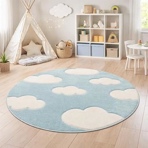 Modern Kids Rug with Clouds in Blue Pastel for Nursery, Size: 6'7" Round