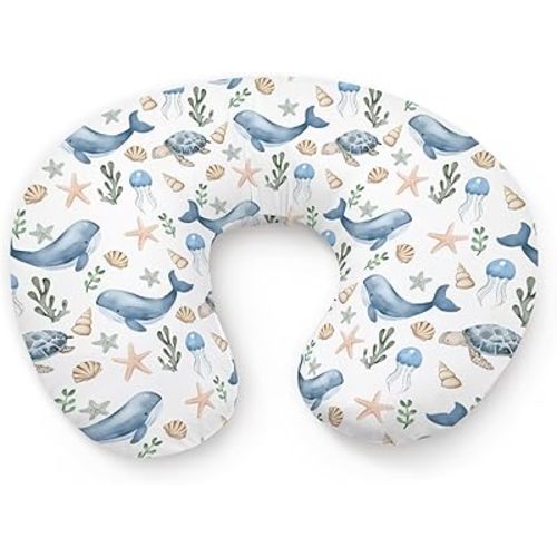 Watercolor Ocean Whale Sea Turtle Starfish Seashells Pattern Nursing Pillow Cover, Unisex Removable Breastfeeding Pillowcase Slipcover for Baby Girls Boys Newborns Toddlers, Cover Only